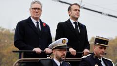 Macron and Starmer pledge strong support for Ukraine during Armistice Day commemoration.