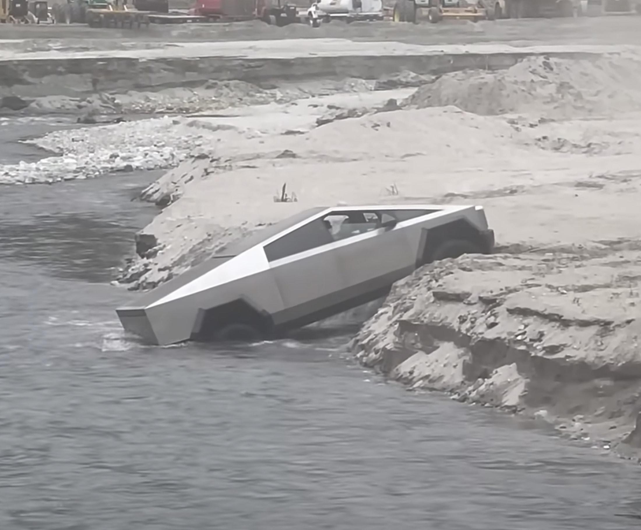 The moment a Tesla Cybertruck owner discovers his car is not the boat Elon Musk said it would be.